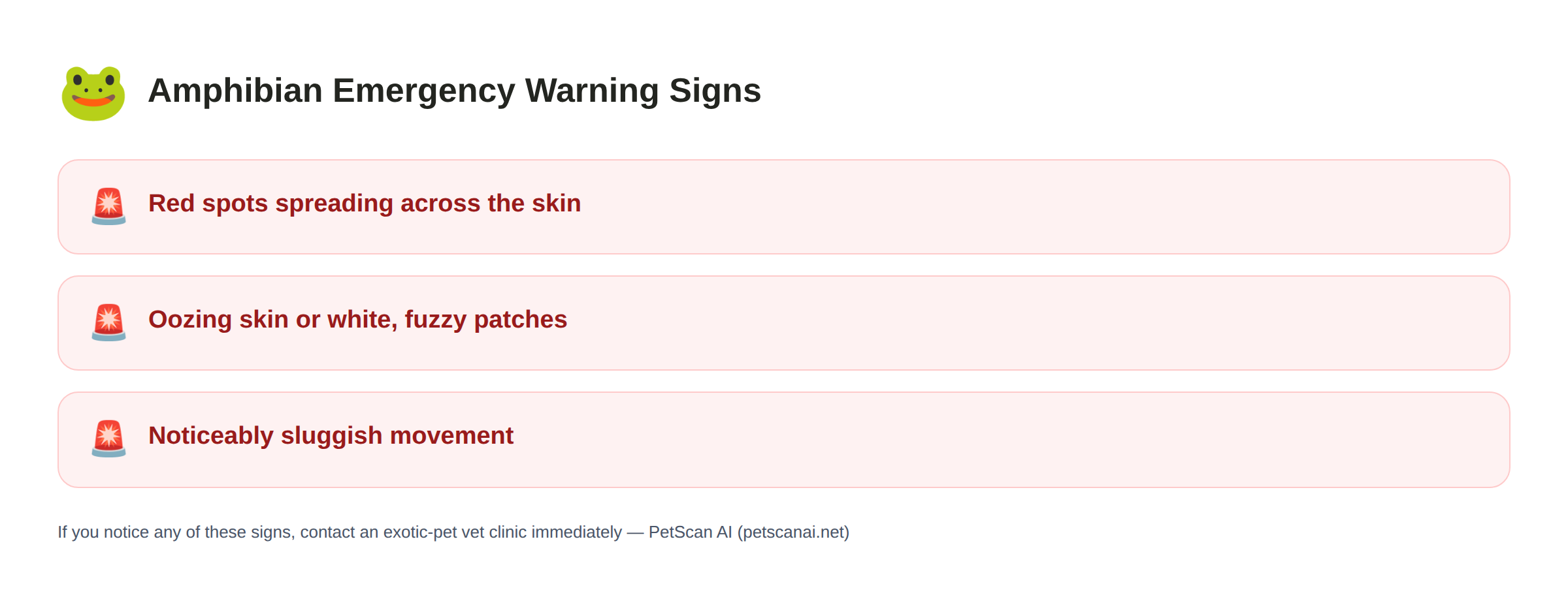 Amphibian emergency warning signs: Red spots spreading across the skin, Oozing skin or white, fuzzy patches, Noticeably sluggish movement — PetScan AI