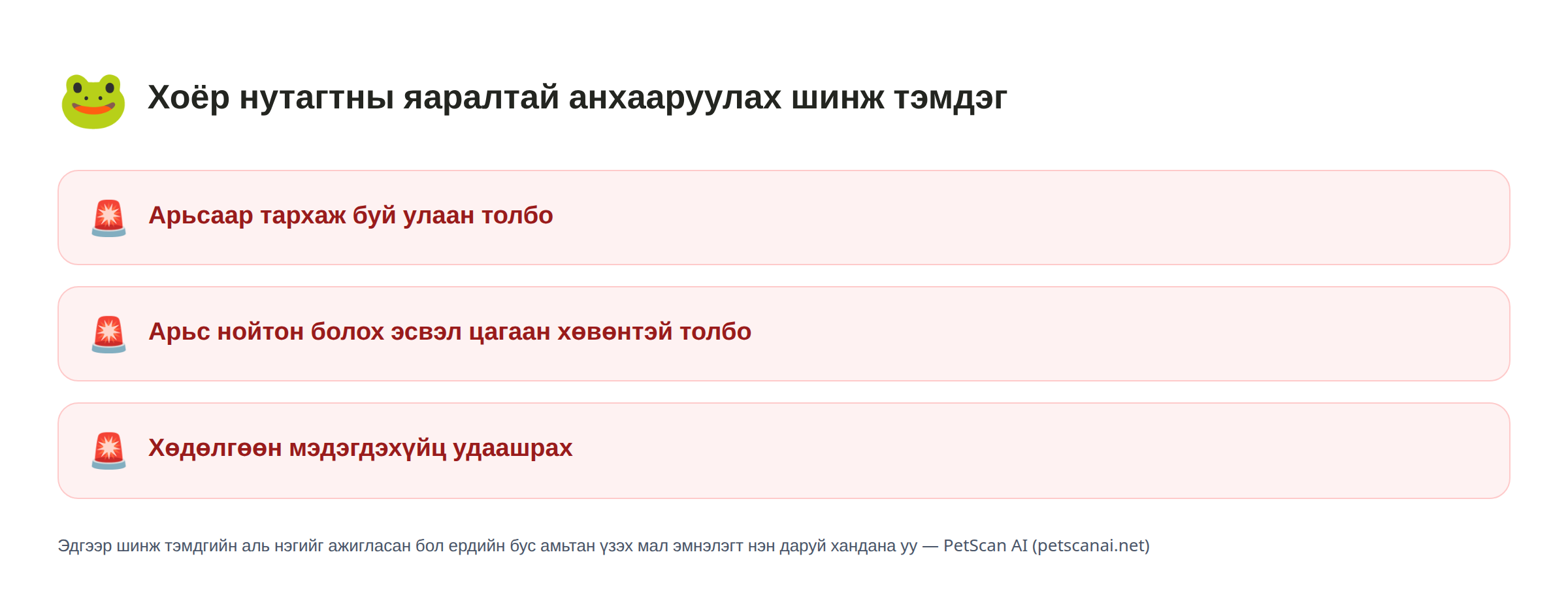Хоёр нутагтны яаралтай анхааруулах шинж тэмдэг: Арьсаар тархаж буй улаан толбо, арьс нойтон болох эсвэл цагаан хөвөнтэй толбо, хөдөлгөөн мэдэгдэхүйц удаашрах — PetScan AI