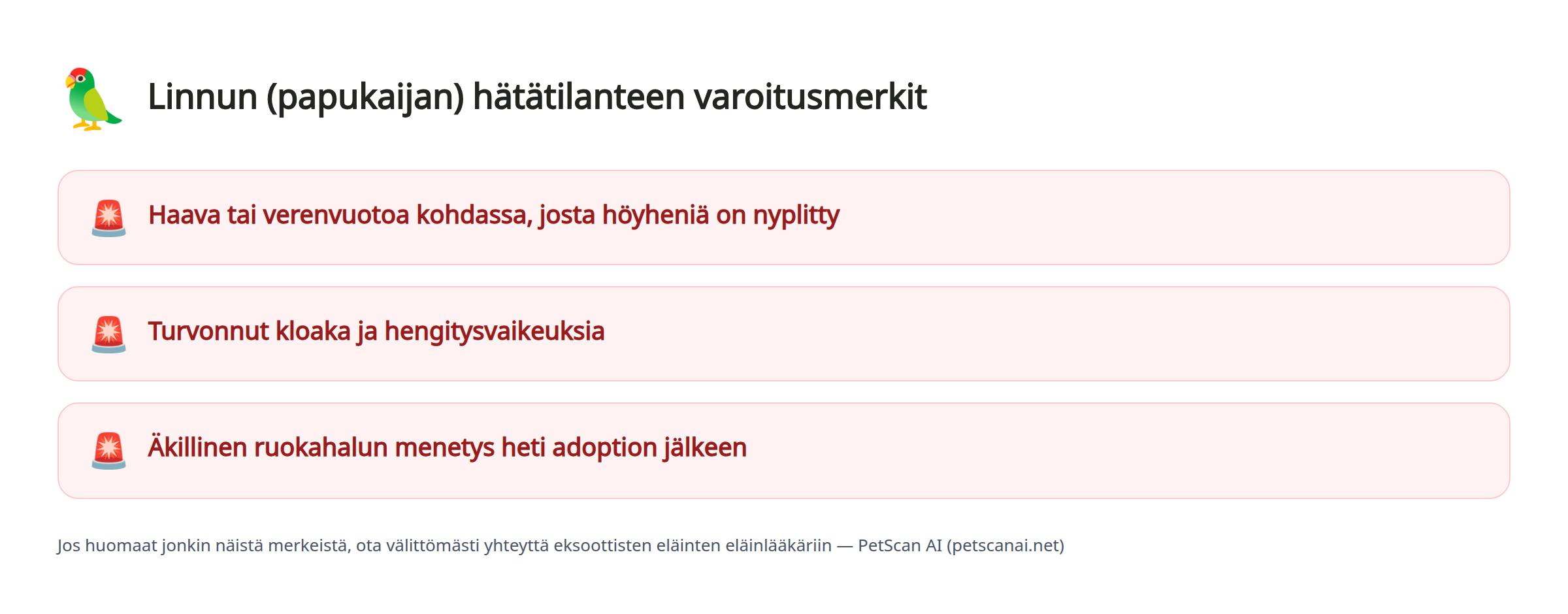Linnun (papukaijan) hätätilanteen varoitusmerkit: Haava tai verenvuotoa kohdassa, josta höyheniä on nyplitty, Turvonnut kloaka ja hengitysvaikeuksia, Äkillinen ruokahalun menetys heti adoption jälkeen — PetScan AI