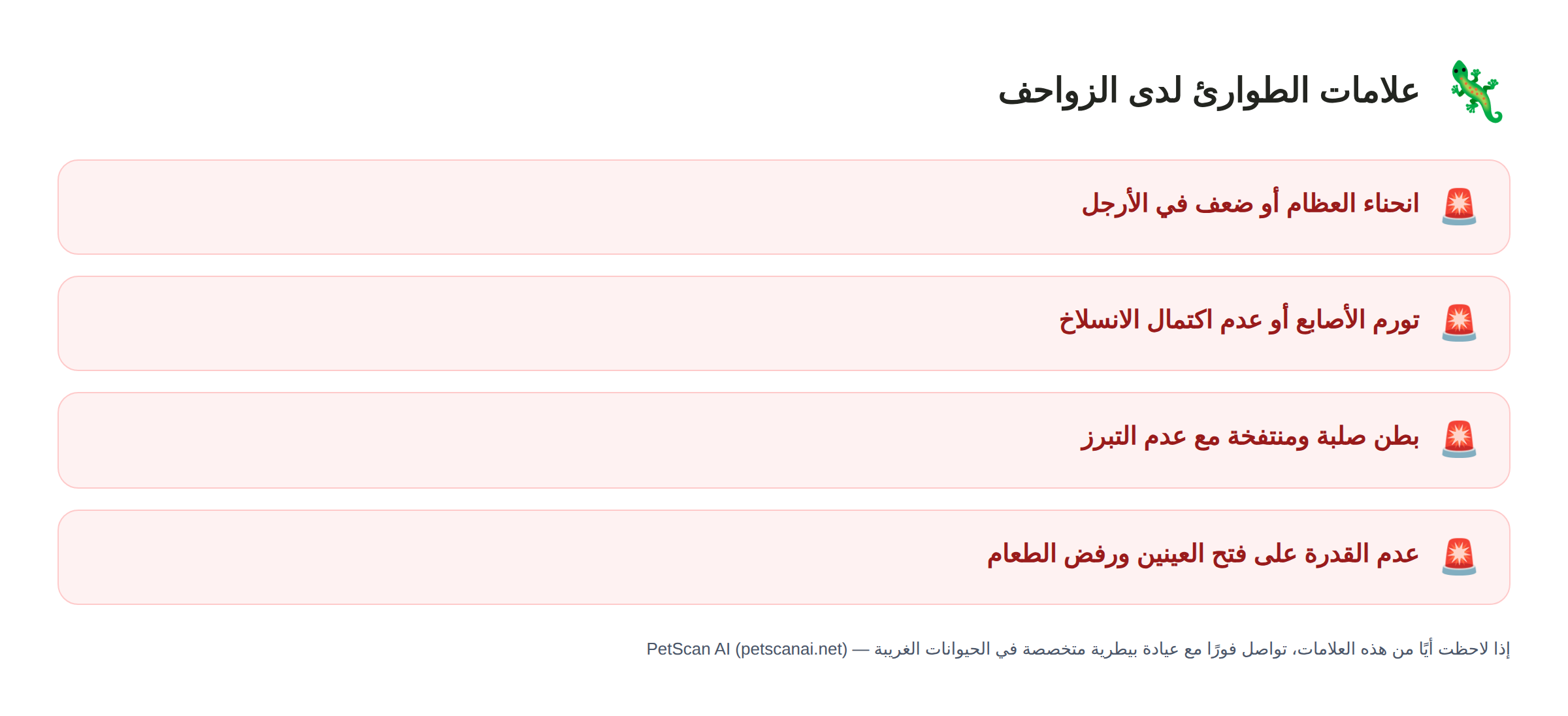 علامات الطوارئ لدى الزواحف: انحناء العظام أو ضعف في الأرجل، تورم الأصابع أو عدم اكتمال الانسلاخ، بطن صلبة ومنتفخة مع عدم التبرز، عدم القدرة على فتح العينين ورفض الطعام — PetScan AI