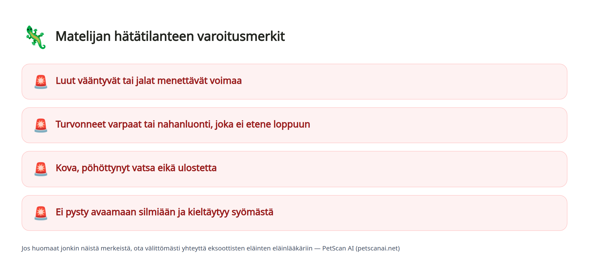 Matelijan hätätilanteen varoitusmerkit: Luut vääntyvät tai jalat menettävät voimaa, Turvonneet varpaat tai nahanluonti, joka ei etene loppuun, Kova, pöhöttynyt vatsa eikä ulostetta, Ei pysty avaamaan silmiään ja kieltäytyy syömästä — PetScan AI
