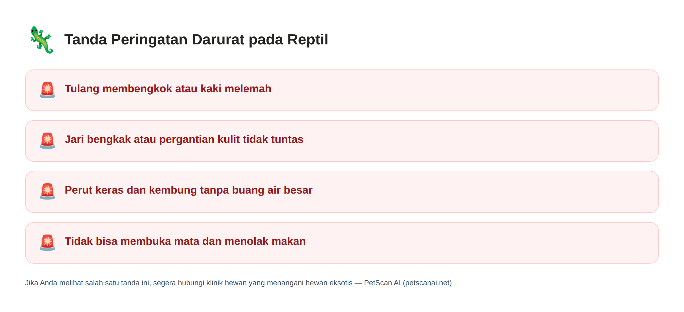 Daftar tanda darurat Reptil: Tulang membengkok atau kaki melemah, Jari bengkak atau pergantian kulit tidak tuntas, Perut keras dan kembung tanpa buang air besar, Tidak bisa membuka mata dan menolak makan — PetScan AI