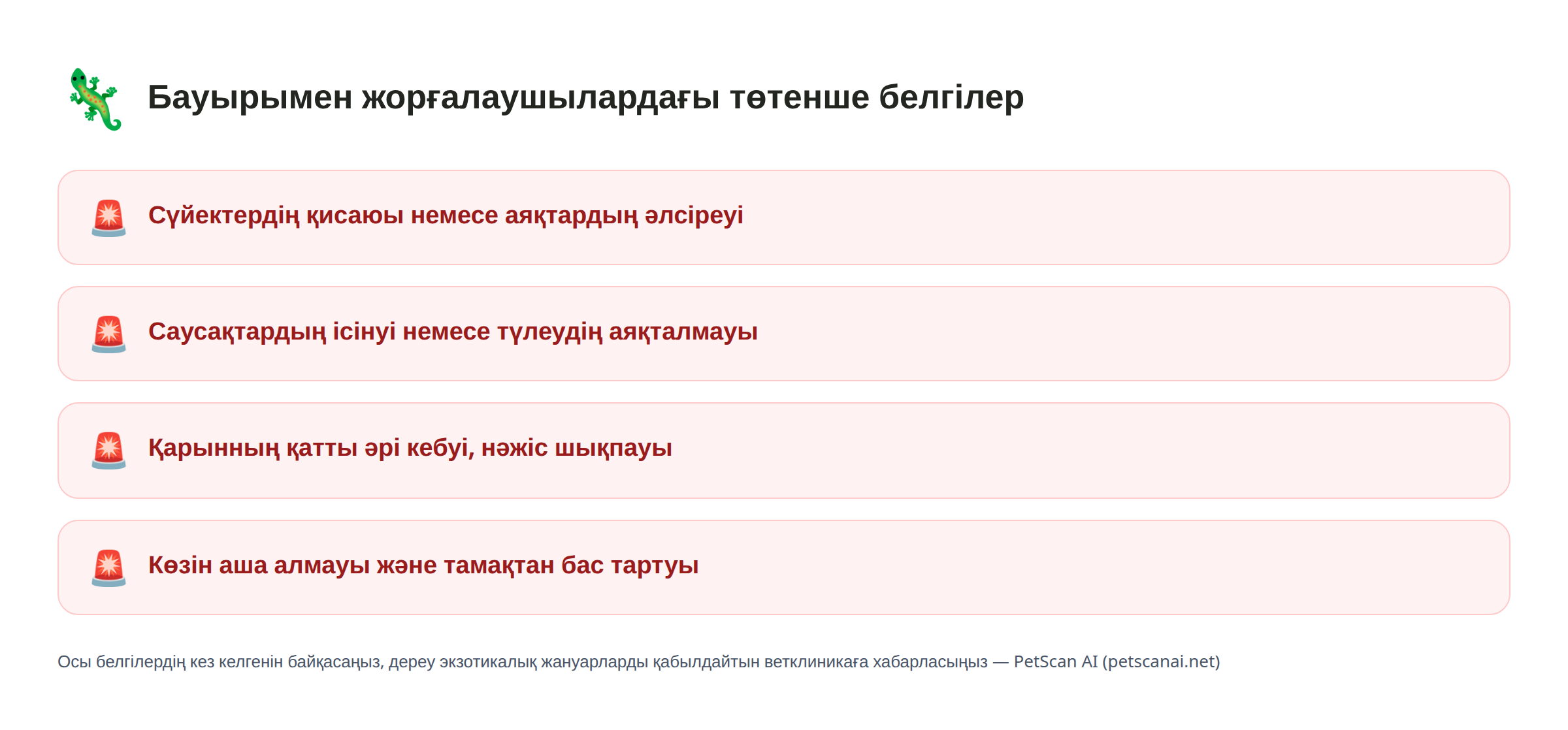 Бауырымен жорғалаушылардағы төтенше белгілер: Сүйектердің қисаюы немесе аяқтардың әлсіреуі, Саусақтардың ісінуі немесе түлеудің аяқталмауы, Қарынның қатты әрі кебуі, нәжіс шықпауы, Көзін аша алмауы және тамақтан бас тартуы — PetScan AI