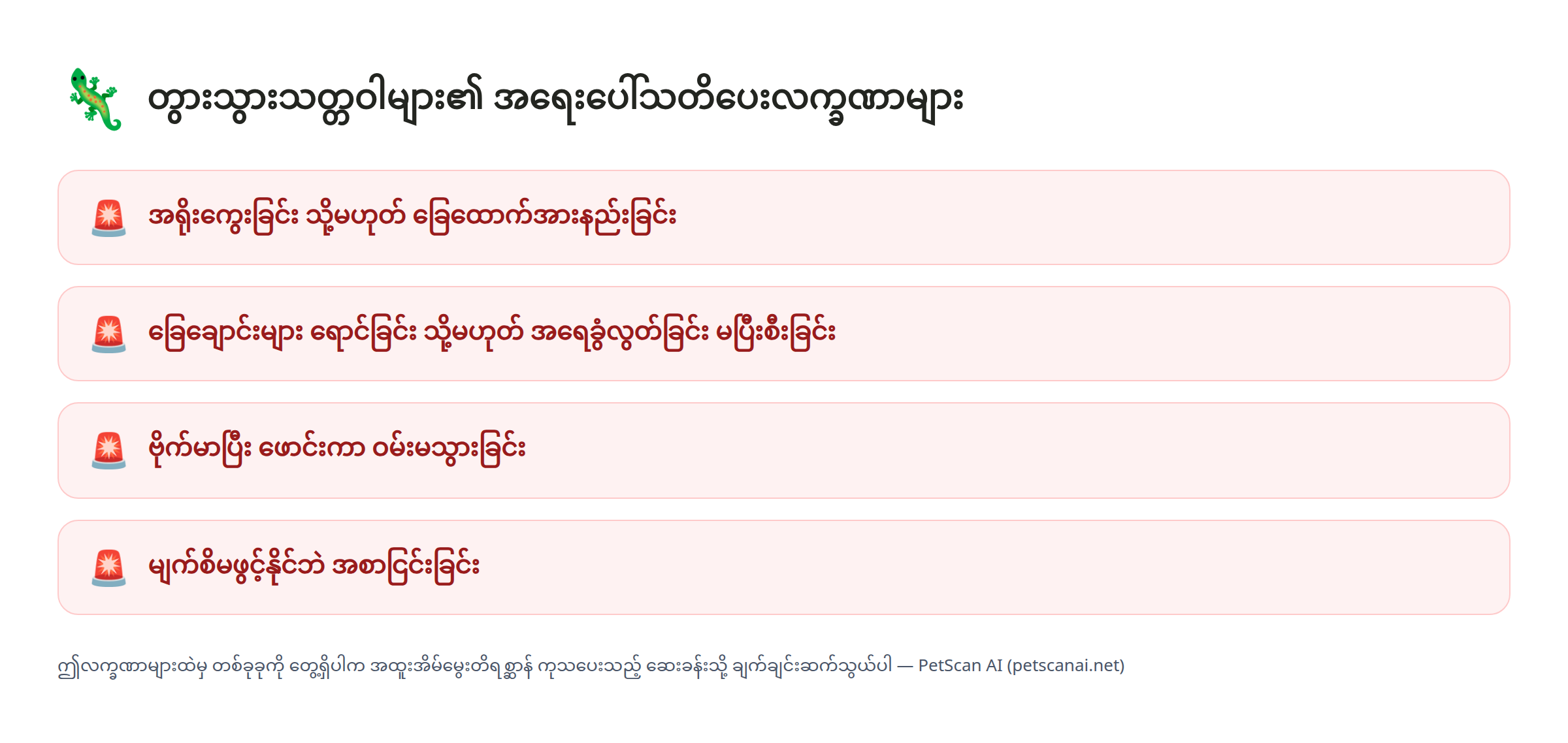 တွားသွားသတ္တဝါ အရေးပေါ်သတိပေးလက္ခဏာ စစ်ဆေးရန်စာရင်း: အရိုးကွေးခြင်း သို့မဟုတ် ခြေထောက်အားနည်းခြင်း၊ ခြေချောင်းများ ရောင်ခြင်း သို့မဟုတ် အရေခွံလွတ်ခြင်း မပြီးစီးခြင်း၊ ဗိုက်မာပြီး ဖောင်းကာ ဝမ်းမသွားခြင်း၊ မျက်စိမဖွင့်နိုင်ဘဲ အစာငြင်းခြင်း — PetScan AI