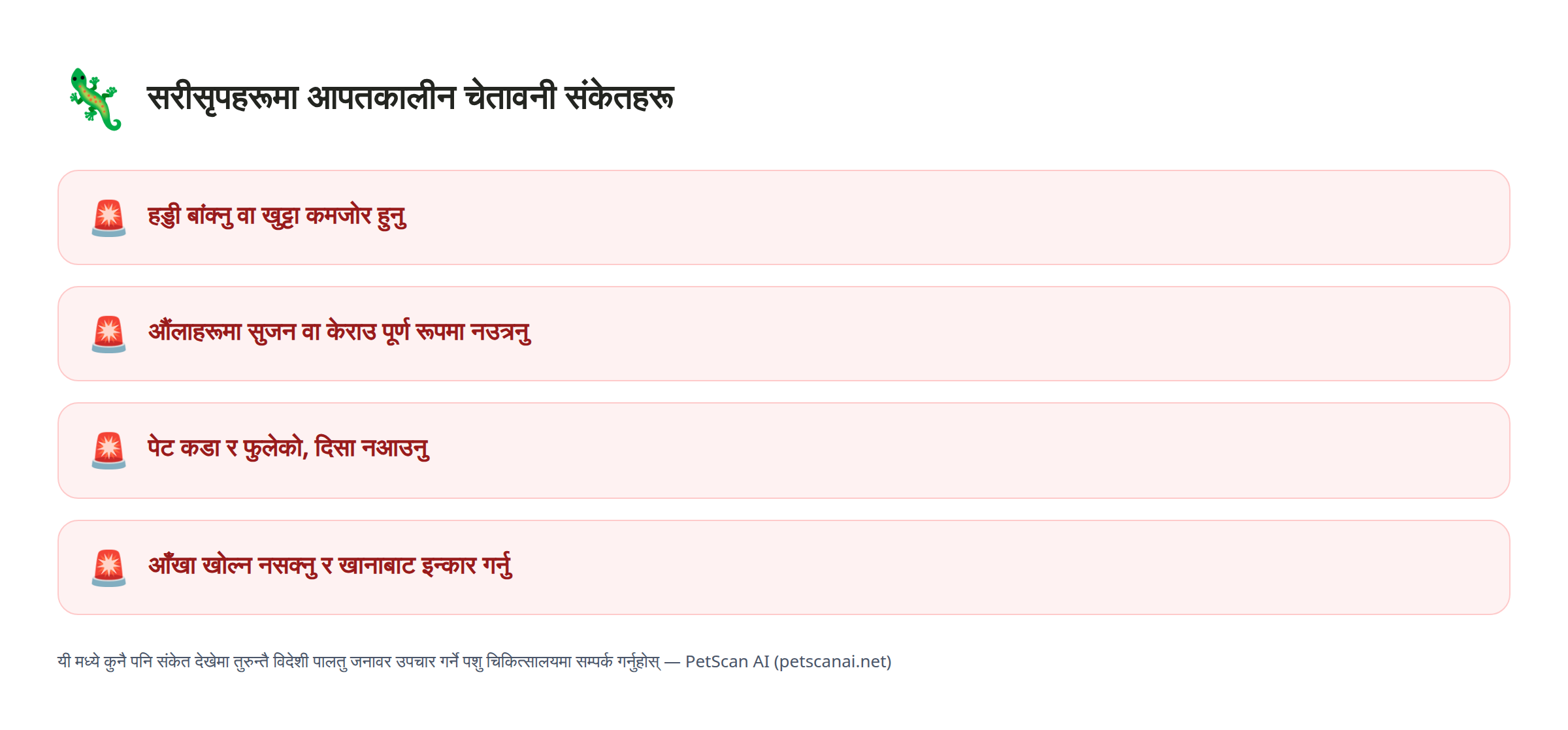 सरीसृप आपतकालीन संकेत जाँचसूची: हड्डी बांक्नु वा खुट्टा कमजोर हुनु, औंलाहरूमा सुजन वा केराउ पूर्ण रूपमा नउत्रनु, पेट कडा र फुलेको, दिसा नआउनु, आँखा खोल्न नसक्नु र खानाबाट इन्कार गर्नु — PetScan AI