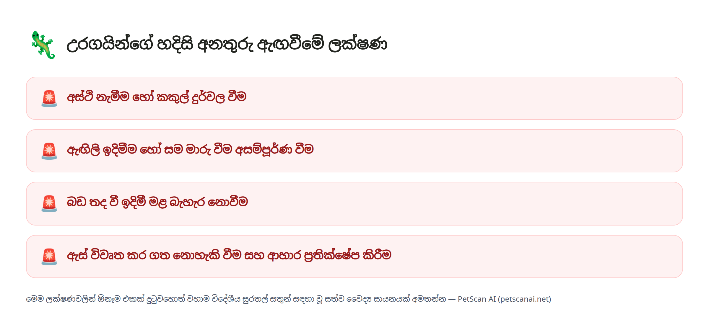 උරගයින්ගේ හදිසි අනතුරු ඇඟවීමේ ලක්ෂණ: අස්ථි නැමීම හෝ කකුල් දුර්වල වීම, ඇඟිලි ඉදිමීම හෝ සම මාරු වීම අසම්පූර්ණ වීම, බඩ තද වී ඉදිමී මළ බැහැර නොවීම, ඇස් විවෘත කර ගත නොහැකි වීම සහ ආහාර ප්‍රතික්ෂේප කිරීම — PetScan AI
