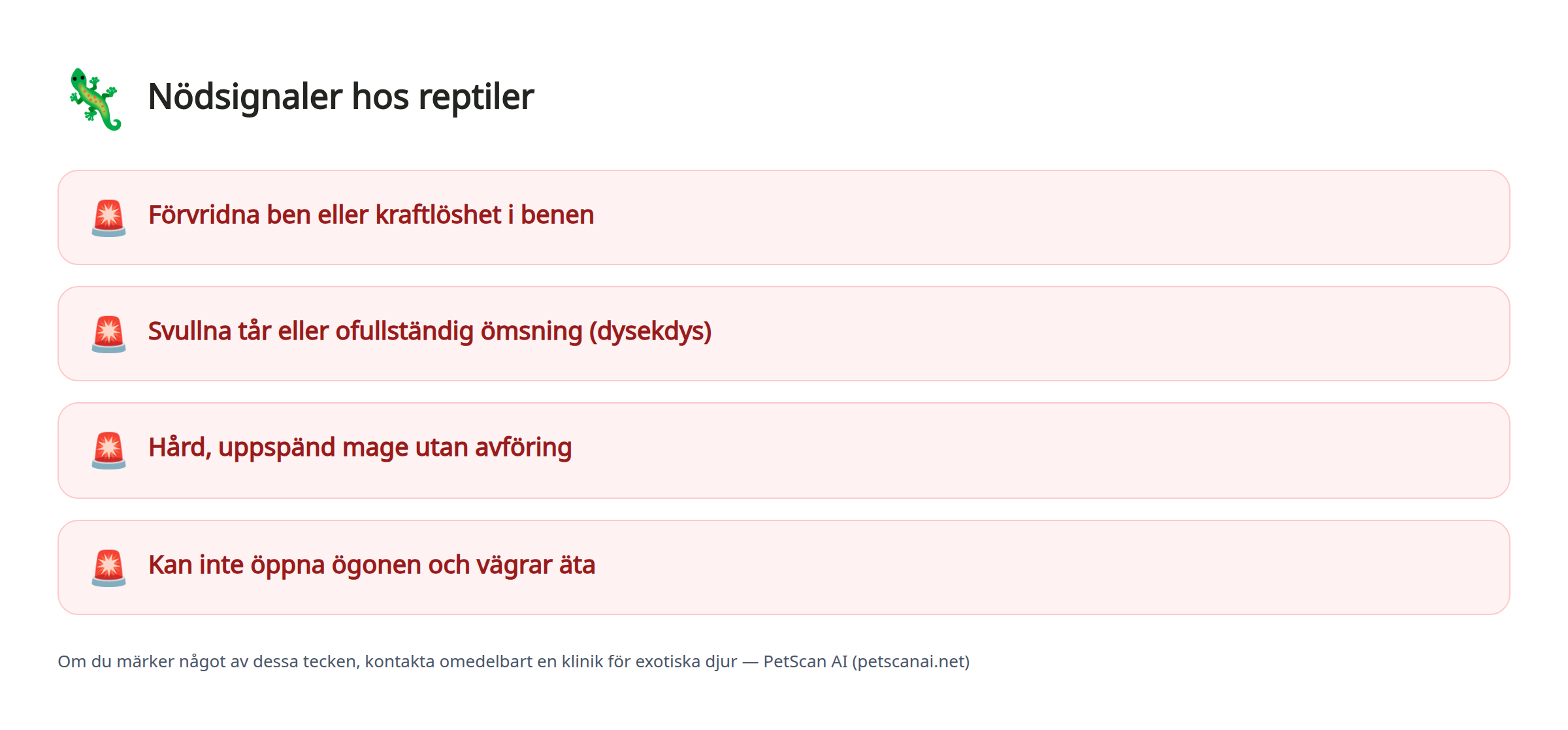 Nödsignaler hos reptiler: Förvridna ben eller kraftlöshet i benen, Svullna tår eller ofullständig ömsning (dysekdys), Hård, uppspänd mage utan avföring, Kan inte öppna ögonen och vägrar äta — PetScan AI