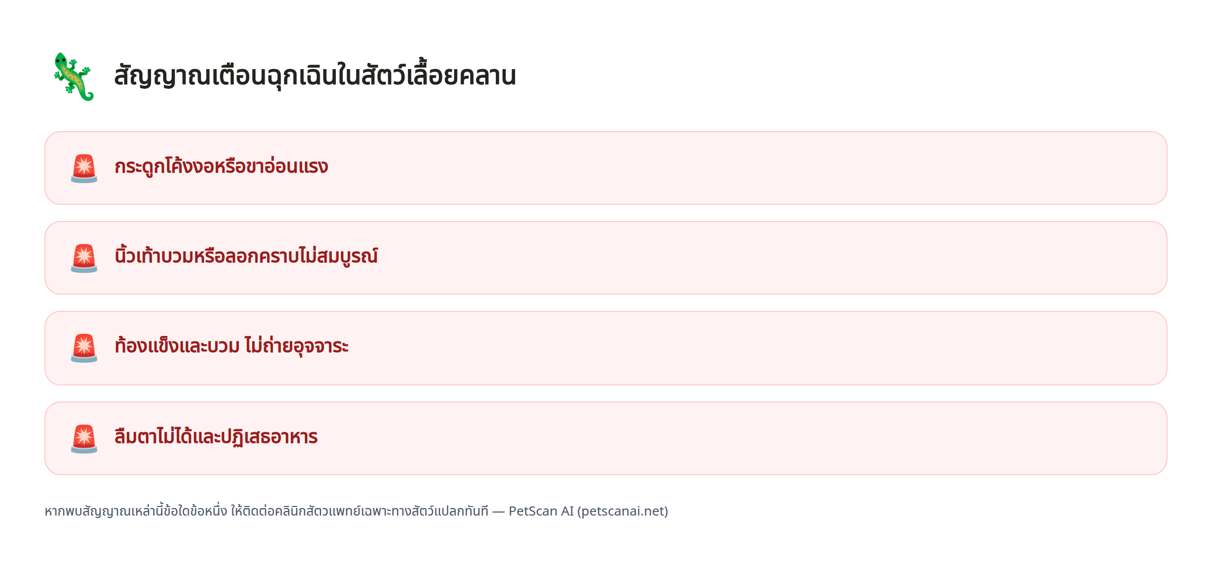 สัญญาณเตือนฉุกเฉินในสัตว์เลื้อยคลาน: กระดูกโค้งงอหรือขาอ่อนแรง, นิ้วเท้าบวมหรือลอกคราบไม่สมบูรณ์, ท้องแข็งและบวม ไม่ถ่ายอุจจาระ, ลืมตาไม่ได้และปฏิเสธอาหาร — PetScan AI