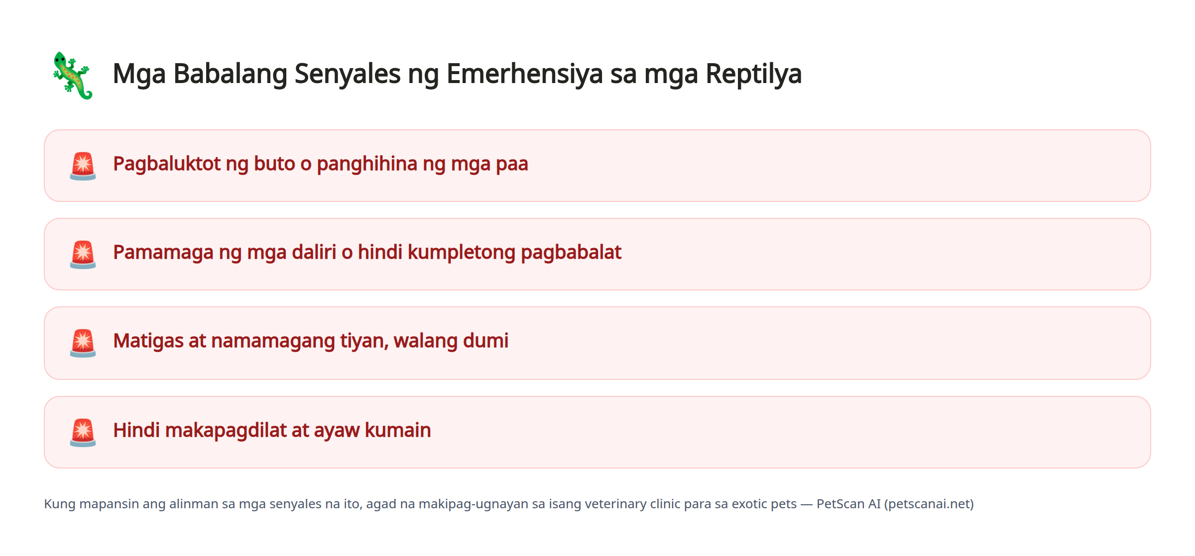 Mga Babalang Senyales ng Emerhensiya sa mga Reptilya: Pagbaluktot ng buto o panghihina ng mga paa, Pamamaga ng mga daliri o hindi kumpletong pagbabalat, Matigas at namamagang tiyan, walang dumi, Hindi makapagdilat at ayaw kumain — PetScan AI