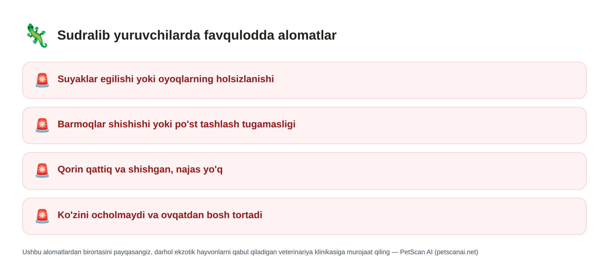 Sudralib yuruvchilardagi favqulodda alomatlar ro'yxati: Suyaklar egilishi yoki oyoqlarning holsizlanishi, Barmoqlar shishishi yoki po'st tashlash tugamasligi, Qorin qattiq va shishgan, najas yo'q, Ko'zini ocholmaydi va ovqatdan bosh tortadi — PetScan AI