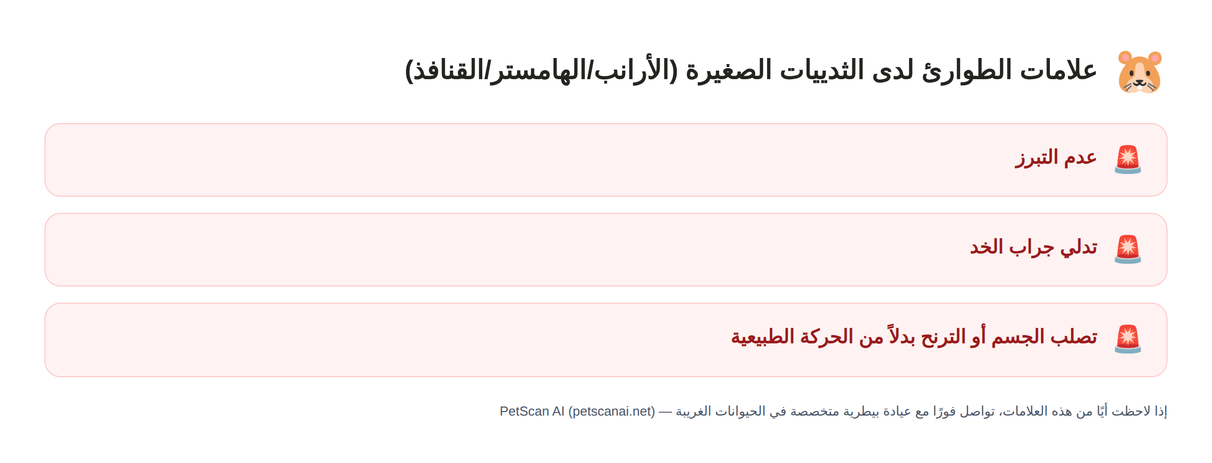 علامات الطوارئ لدى الثدييات الصغيرة (الأرانب/الهامستر/القنافذ): عدم التبرز، تدلي جراب الخد، تصلب الجسم أو الترنح بدلاً من الحركة الطبيعية — PetScan AI
