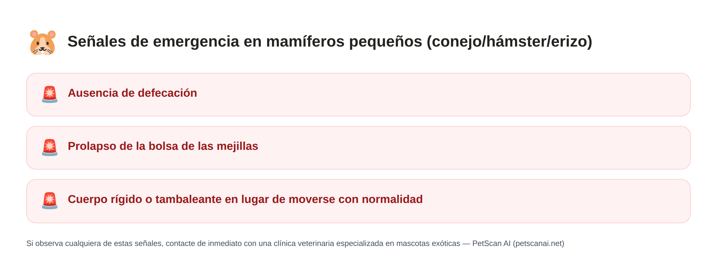 Señales de emergencia en mamíferos pequeños (conejo/hámster/erizo): Ausencia de defecación, Prolapso de la bolsa de las mejillas, Cuerpo rígido o tambaleante en lugar de moverse con normalidad — PetScan AI