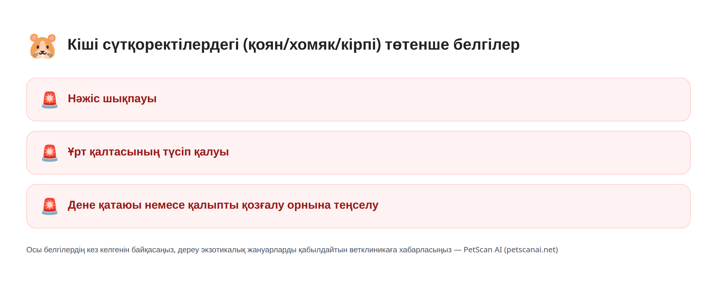 Кіші сүтқоректілердегі (қоян/хомяк/кірпі) төтенше белгілер: Нәжіс шықпауы, Ұрт қалтасының түсіп қалуы, Дене қатаюы немесе қалыпты қозғалу орнына теңселу — PetScan AI