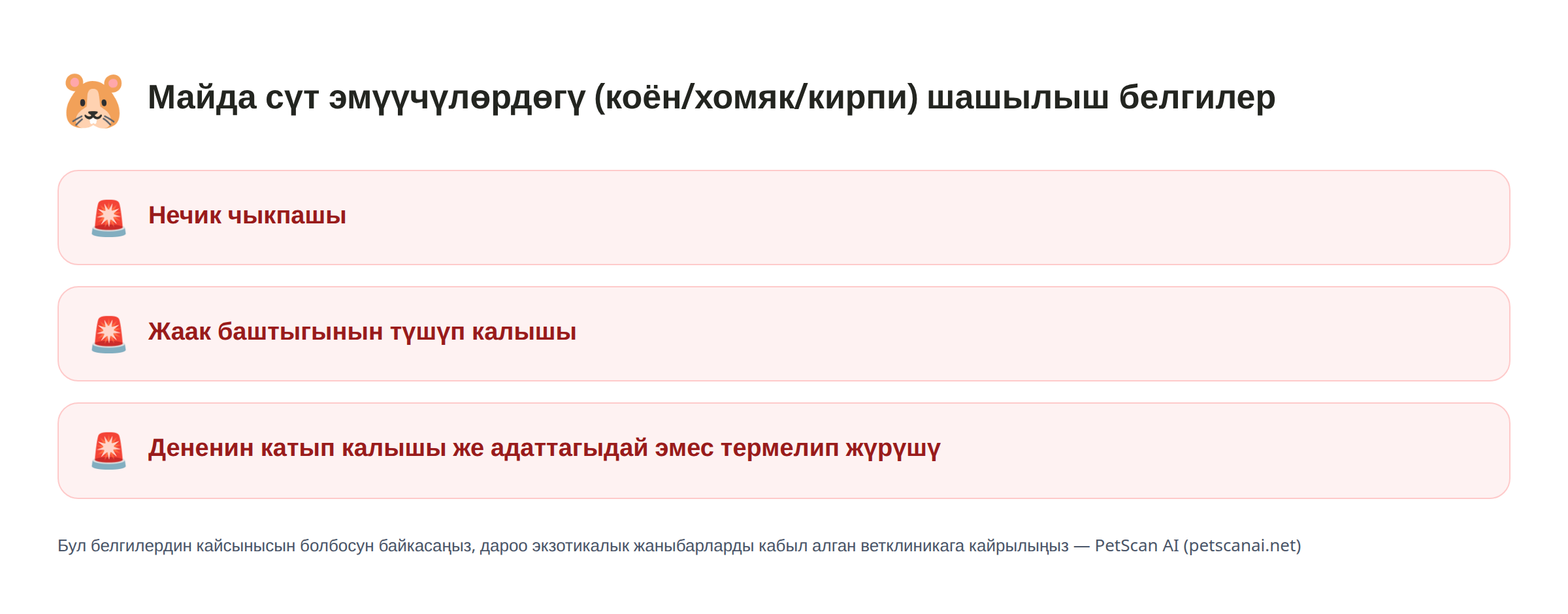 Майда сүт эмүүчүлөрдөгү (коён/хомяк/кирпи) шашылыш белгилер: Нечик чыкпашы, Жаак баштыгынын түшүп калышы, Дененин катып калышы же адаттагыдай эмес термелип жүрүшү — PetScan AI