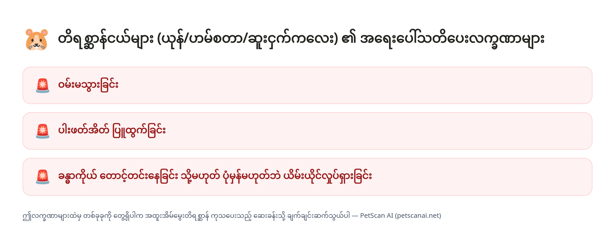 တိရစ္ဆာန်ငယ်များ (ယုန်/ဟမ်စတာ/ဆူးငှက်ကလေး) အရေးပေါ်သတိပေးလက္ခဏာ စစ်ဆေးရန်စာရင်း: ဝမ်းမသွားခြင်း၊ ပါးဖတ်အိတ် ပြူထွက်ခြင်း၊ ခန္ဓာကိုယ် တောင့်တင်းနေခြင်း သို့မဟုတ် ပုံမှန်မဟုတ်ဘဲ ယိမ်းယိုင်လှုပ်ရှားခြင်း — PetScan AI
