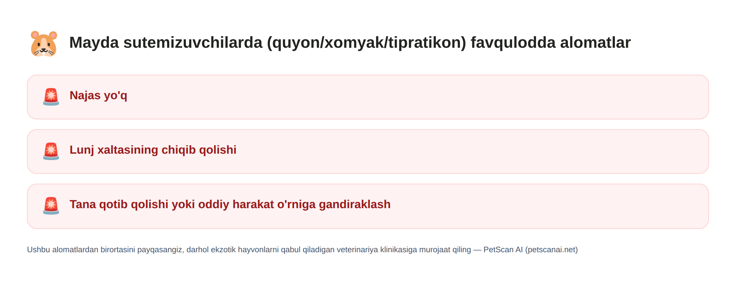 Mayda sutemizuvchilardagi (quyon/xomyak/tipratikon) favqulodda alomatlar ro'yxati: Najas yo'q, Lunj xaltasining chiqib qolishi, Tana qotib qolishi yoki oddiy harakat o'rniga gandiraklash — PetScan AI