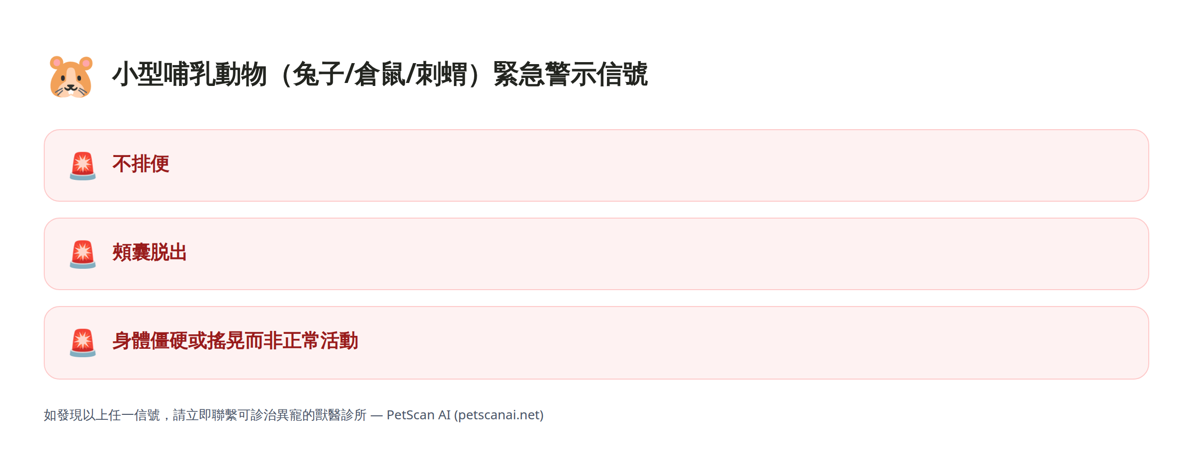 小型哺乳動物(兔子/倉鼠/刺蝟)緊急警示信號清單:不排便、頰囊脫出、身體僵硬或搖晃而非正常活動 — PetScan AI