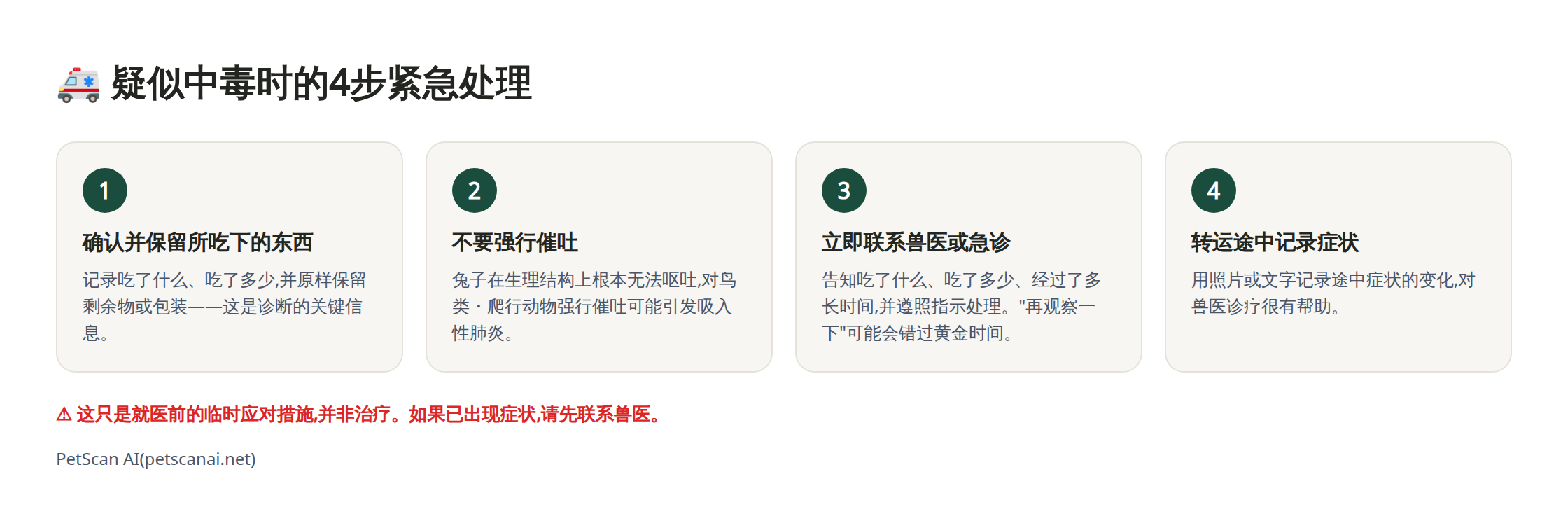疑似误食毒物时的4步紧急处理信息图:1. 确认并保留所吃下的东西 2. 不要强行催吐 3. 立即联系医院(急诊) 4. 转运途中记录状态