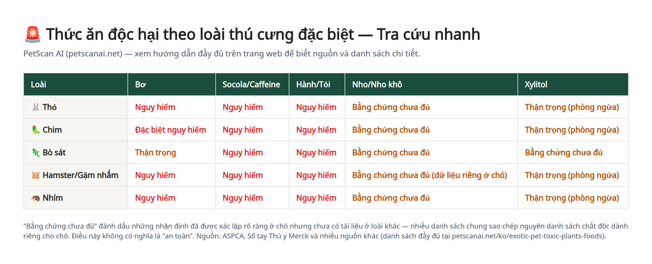 Bảng so sánh mức độ nguy hiểm của bơ, socola, hành-tỏi, nho, xylitol theo từng loài thú cưng đặc biệt (thỏ, chim, bò sát, hamster, nhím)